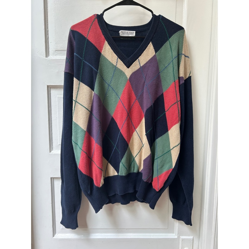 Tuttle Golf Collection Vintage Argyle V-Neck Cotton Blue Sweater Large